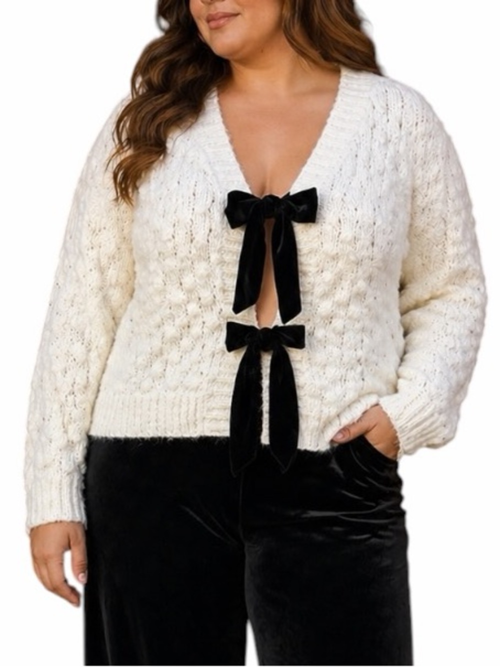 This ASTR The Label Large Ivory Wool Blend Cardigan Sweater Velvet Front Tie